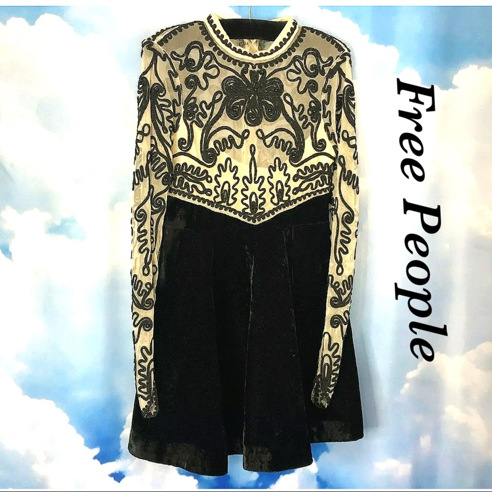 ‼️ SOLD ‼️ Free People Dress Black Velvet & Mesh Soutache